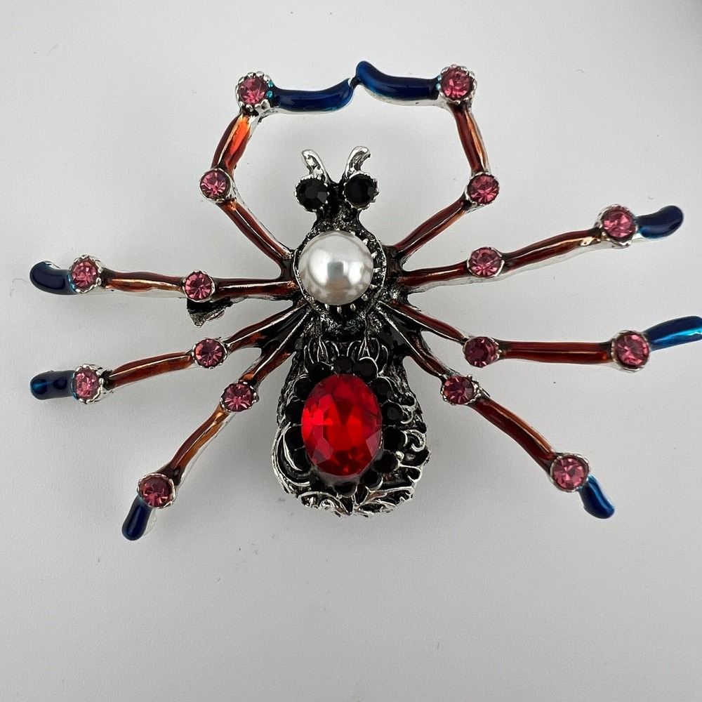 Silver Tone Spider Brooch Pendant Red Rhinestone Faux Pearl Blue Enamel